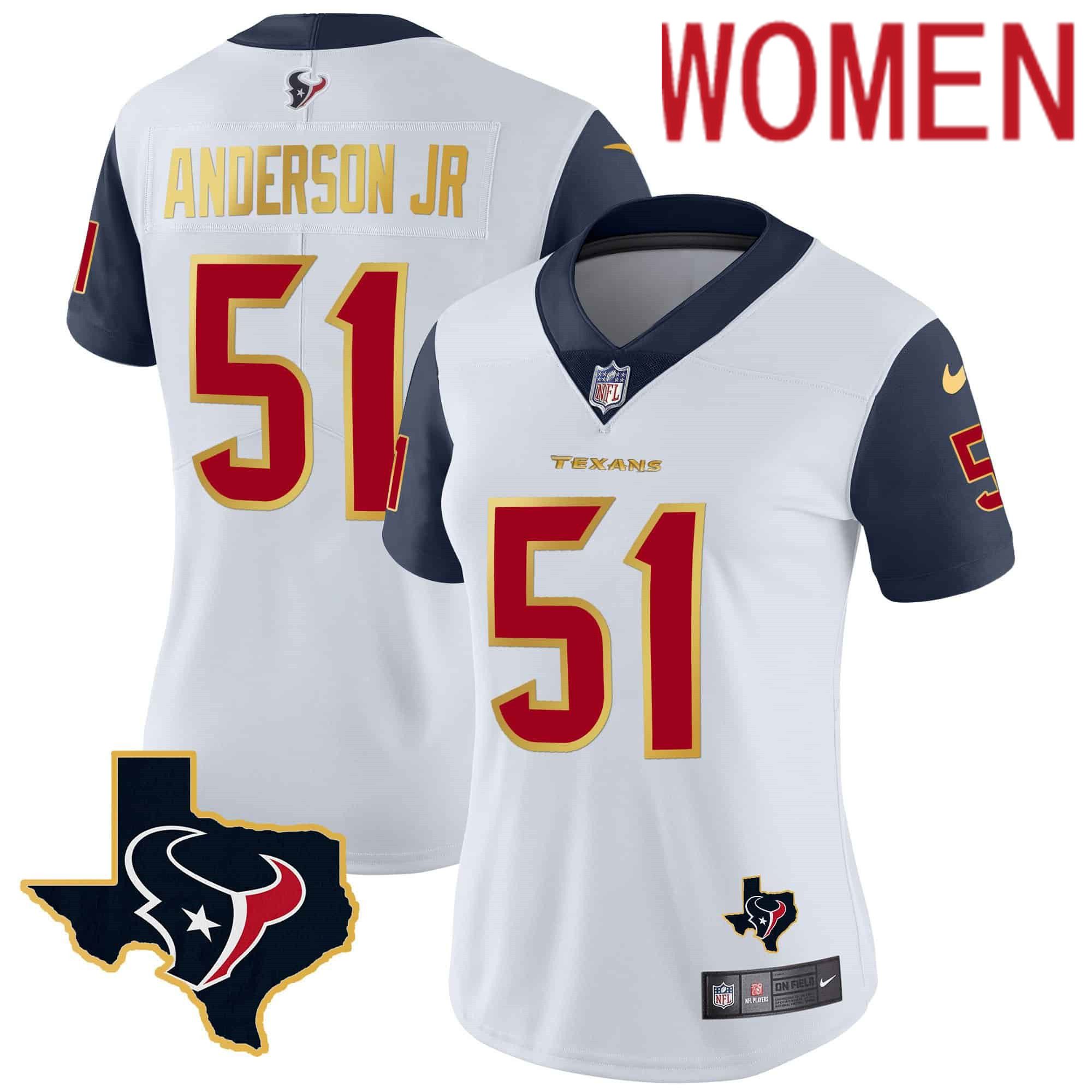 Women Houston Texans #51 Anderson jr White Gold 2024 Nike Trim Vapor NFL Jersey style 1